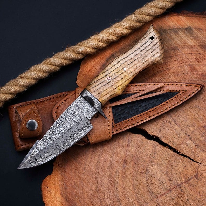 KBS Knives Store Hunting Knives The Wilderness Elegance: 10-Inch Hunting Knife with Damascus Steel Blades, Walnut Wood Handle, and Damascus Guard