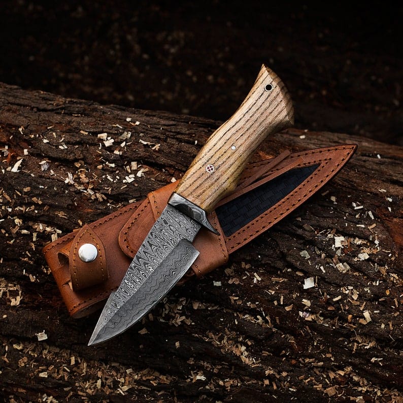 KBS Knives Store Hunting Knives The Wilderness Elegance: 10-Inch Hunting Knife with Damascus Steel Blades, Walnut Wood Handle, and Damascus Guard