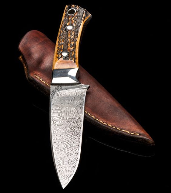 KBS Knives Store Hunting Knives The Wilderness Elegance: Antler Horn and Steel Bolster Hunting Knife with Full Tang Damascus Steel Blade - 8.5 Inches
