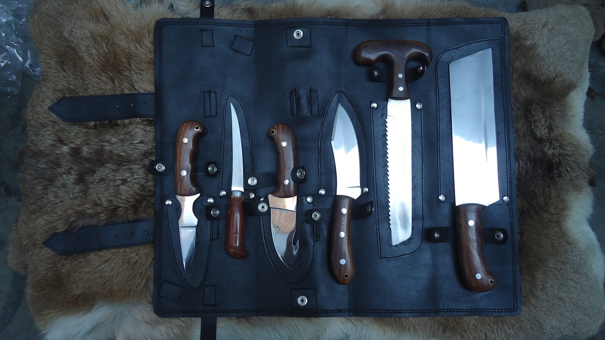 KBS Knives Store Hunting Set Game Processing Kit – 6-Piece Rosewood Handle Knife Set with Leather Roll