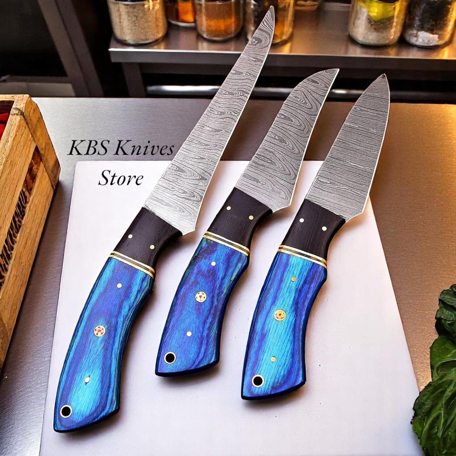 KBS Knives Store Kic 3 Pcs Japanese Damascus Kitchen Knives Set with Exotic Pakka Wood & G10 Handles – Handmade by KBS Knives Store