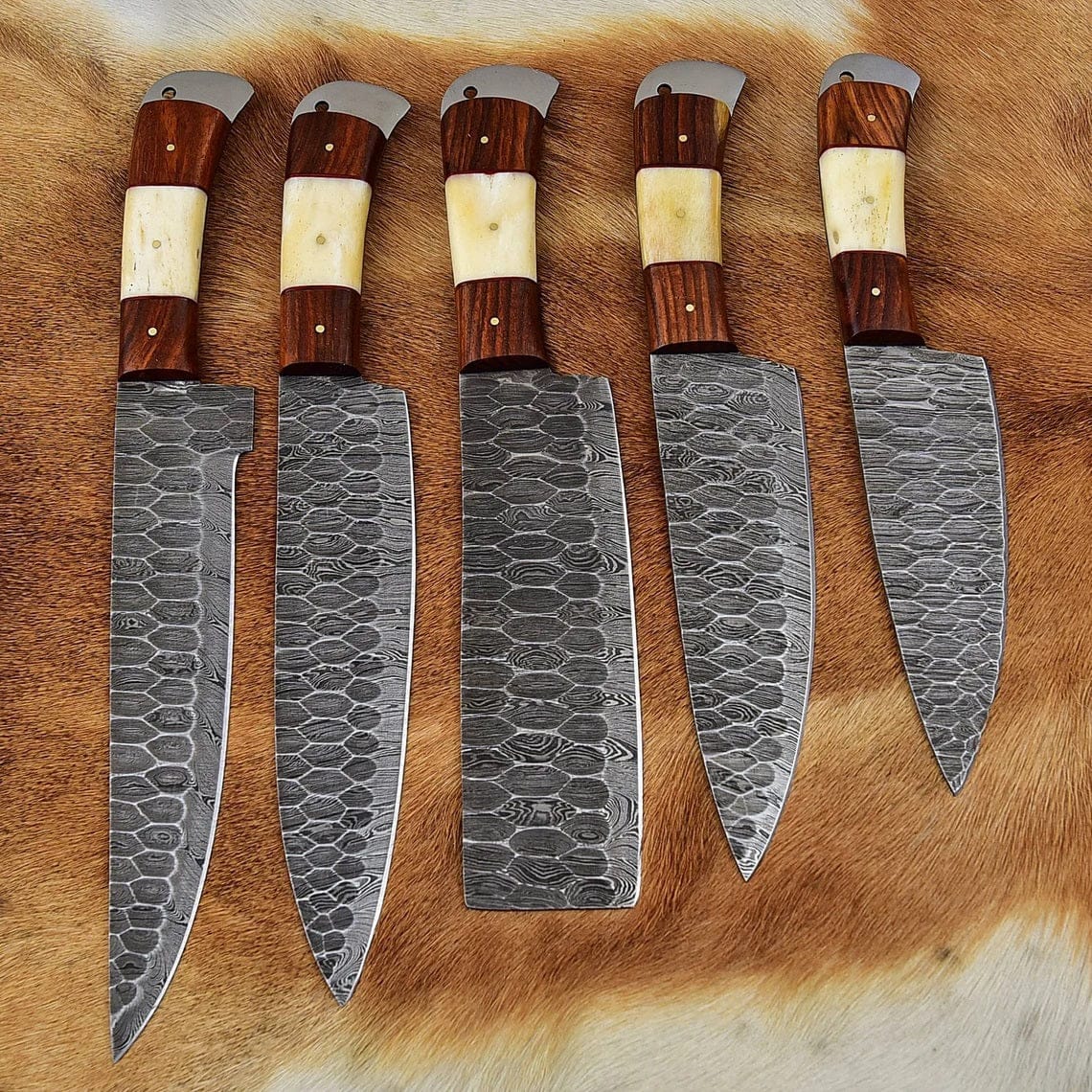 KBS Knives Store Kitchen Knives Custom Handmade Damascus Cooking Knife Set - 5 Pieces