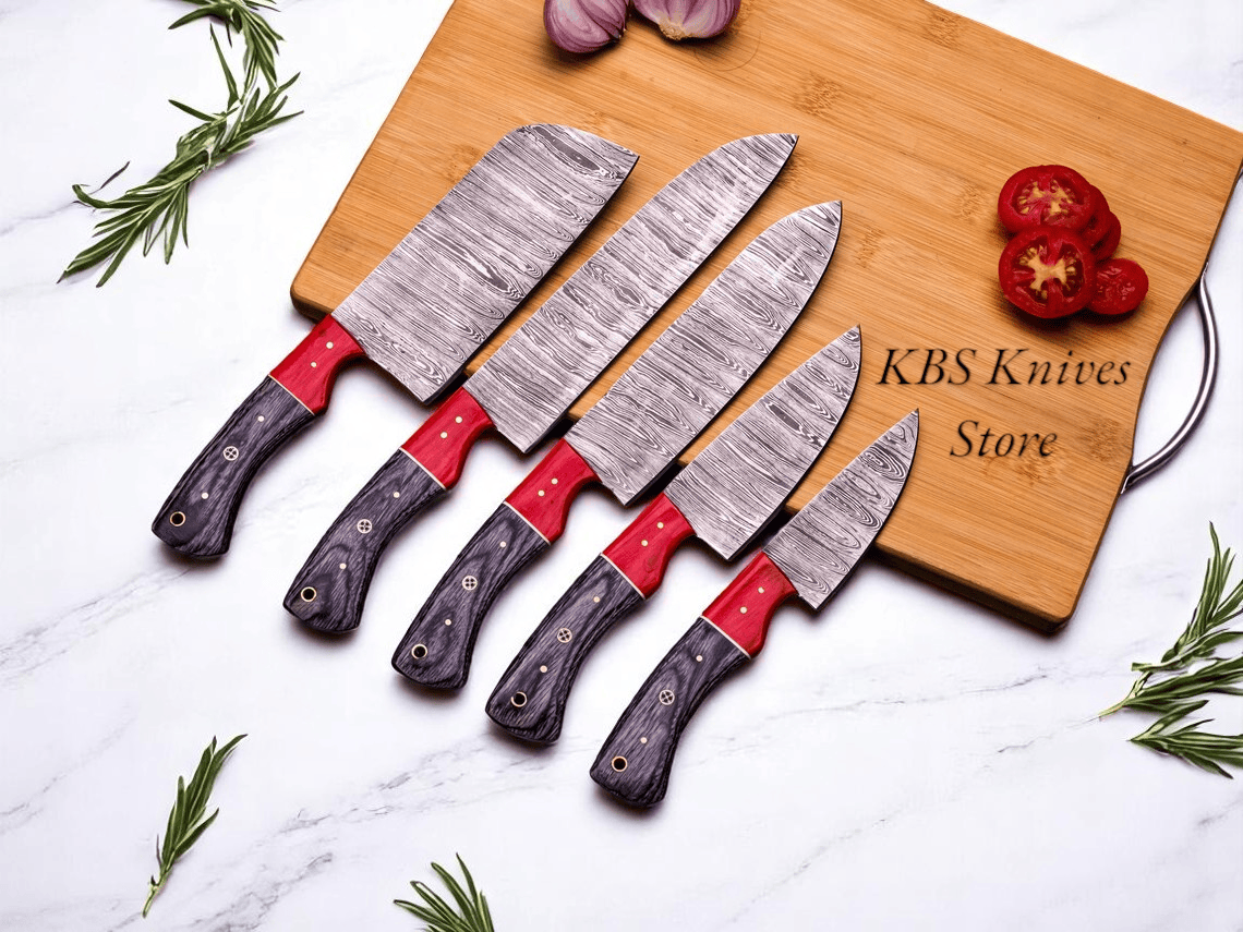 KBS Knives Store Kitchen Knives Set 5 Pcs Custom Handmade Damascus Cooking Knives Set with Exotic Pakka Wood Handles