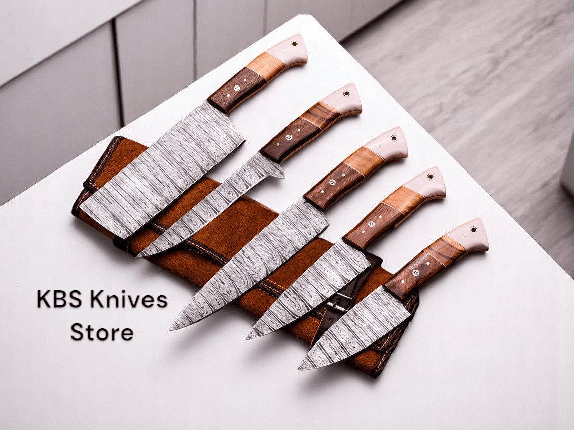 KBS Knives Store Kitchen Knives Set 5 Pcs Custom Handmade Damascus Steel Knife Set with Olivewood, Rosewood & Bone Handles