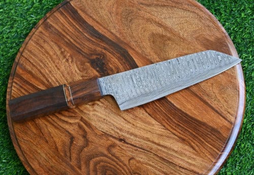 KBS Knives Store Kitchen Knives Set Artisan Edge: Custom Handmade Santoku Knife with Damascus Steel Blade, Rosewood Handle, and Leather Roll