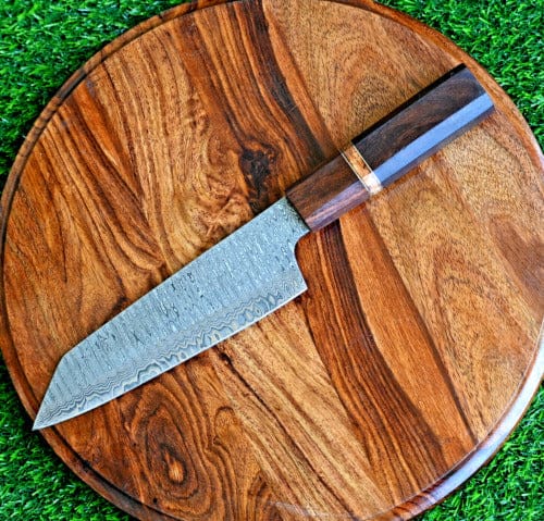 KBS Knives Store Kitchen Knives Set Artisan Edge: Custom Handmade Santoku Knife with Damascus Steel Blade, Rosewood Handle, and Leather Roll