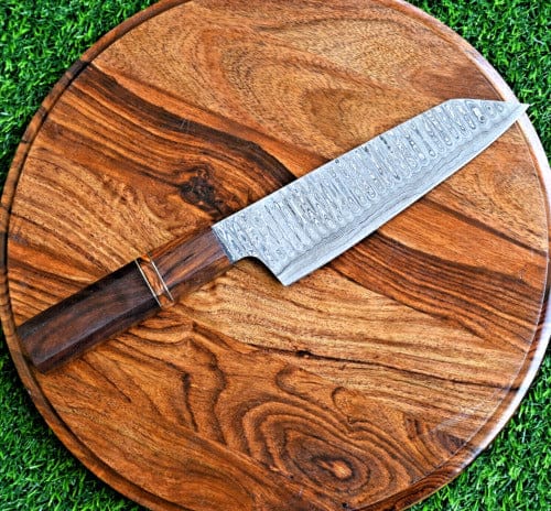 KBS Knives Store Kitchen Knives Set Artisan Edge: Custom Handmade Santoku Knife with Damascus Steel Blade, Rosewood Handle, and Leather Roll