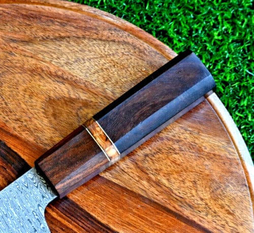 KBS Knives Store Kitchen Knives Set Artisan Edge: Custom Handmade Santoku Knife with Damascus Steel Blade, Rosewood Handle, and Leather Roll