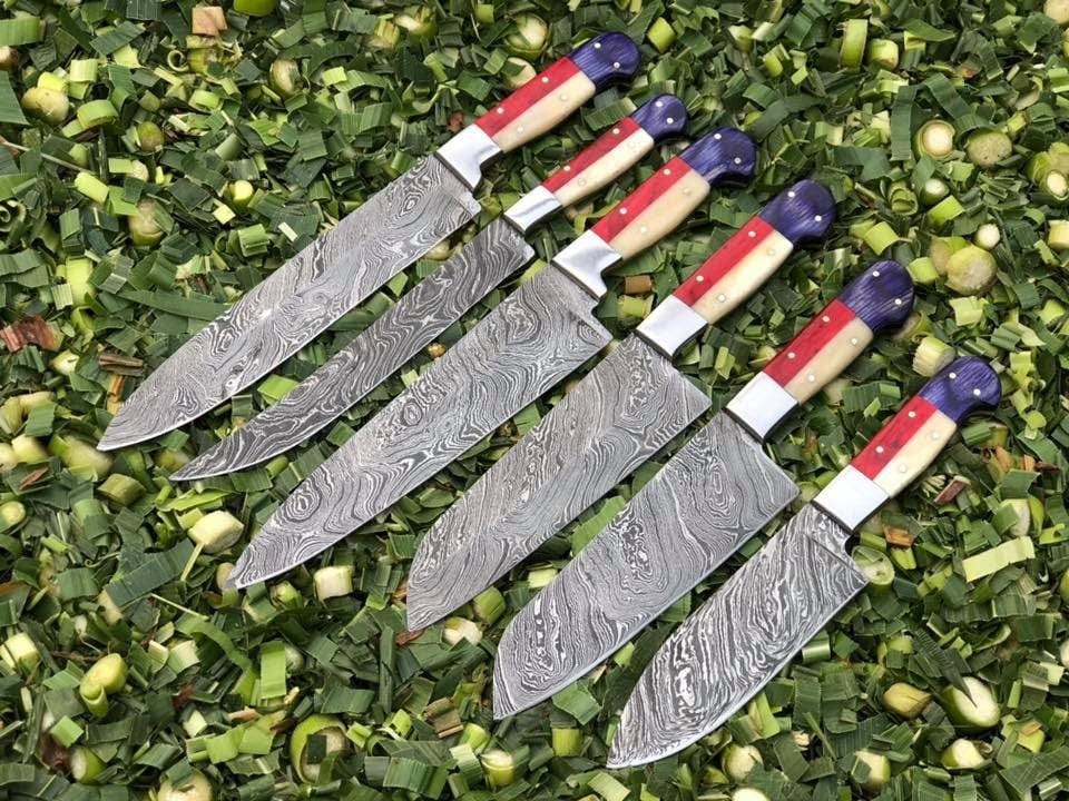 KBS Knives Store Kitchen Knives Set Artisan's Touch: 6-Piece Kitchen Knives Set with Twist Damascus Steel Blades, Exotic Wood and Bone Handles - Presented in a Leather Roll