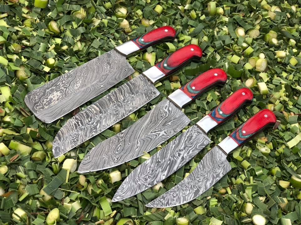 KBS Knives Store Kitchen Knives Set Artisanal Exotic Color Wood 5-Piece Kitchen Knives Set with Twist Damascus Steel Blades and Steel Bolsters - Culinary Mastery in a Leather Roll