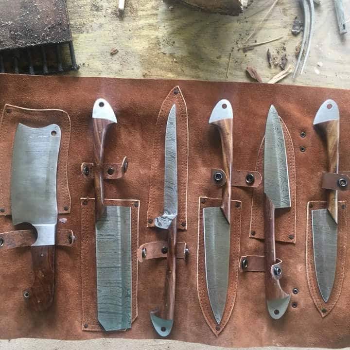 KBS Knives Store Kitchen Knives Set Artisanal Rosewood 6-Piece Kitchen Knives Set with Twist Damascus Steel Blades - Culinary Excellence in a Leather Roll