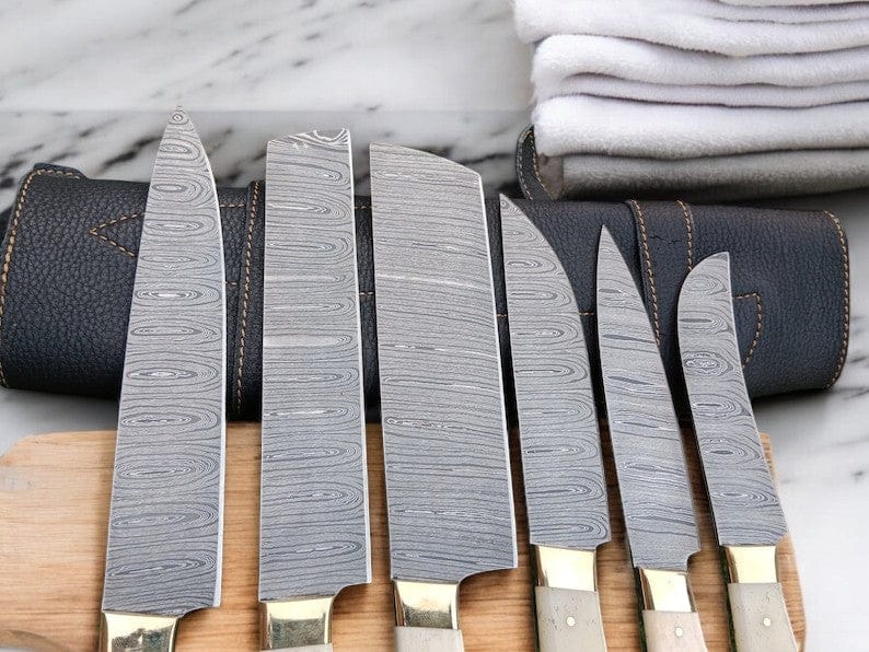 KBS Knives Store Kitchen Knives Set Custom Handmade Damascus Chef Knife Set with Bone Handles