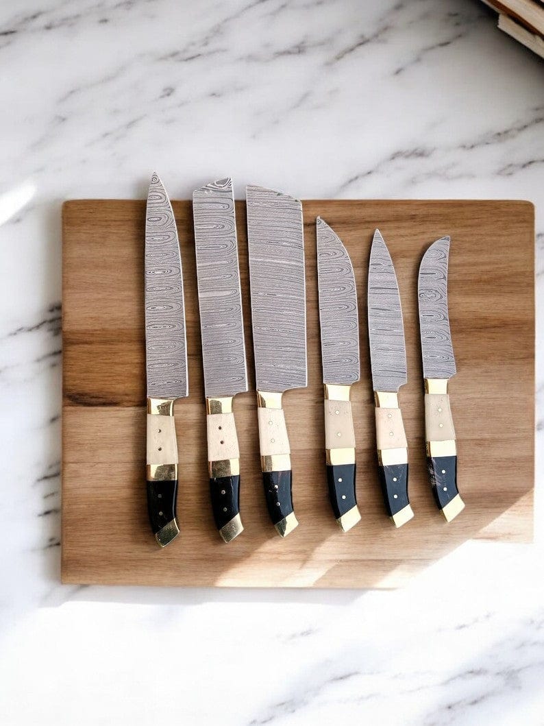 KBS Knives Store Kitchen Knives Set Custom Handmade Damascus Chef Knife Set with Bone Handles