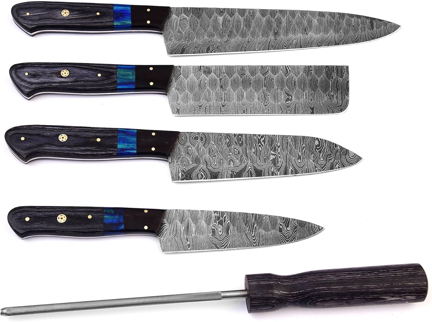 KBS Knives Store Kitchen Knives Set Custom Handmade Damascus Kitchen Knife Set with Sharpener