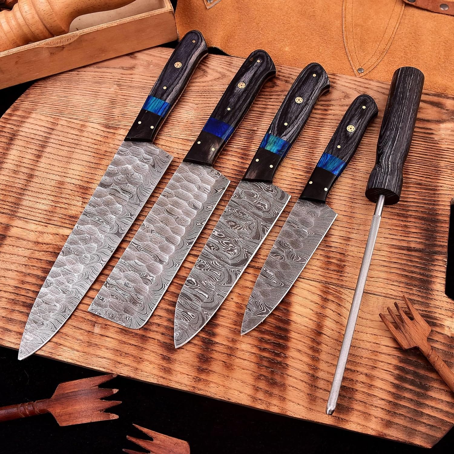 KBS Knives Store Kitchen Knives Set Custom Handmade Damascus Kitchen Knife Set with Sharpener