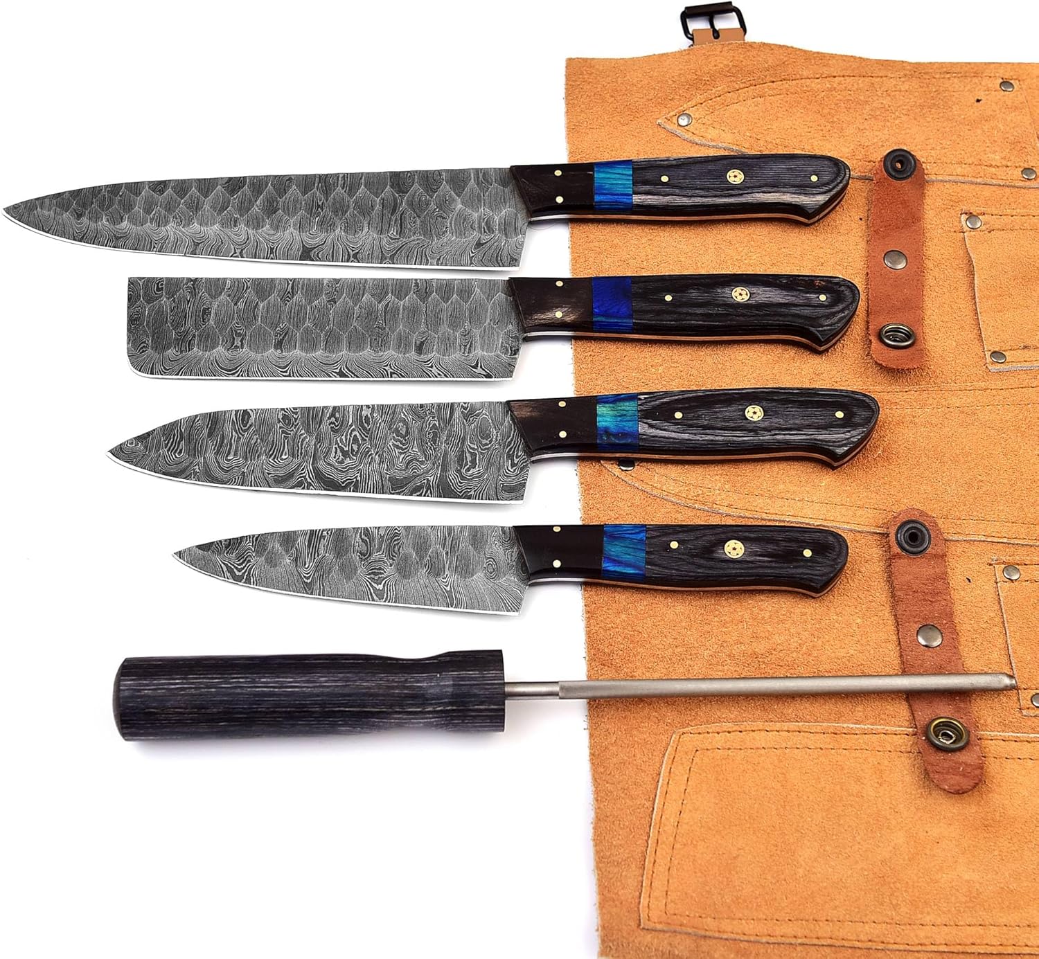 KBS Knives Store Kitchen Knives Set Custom Handmade Damascus Kitchen Knife Set with Sharpener