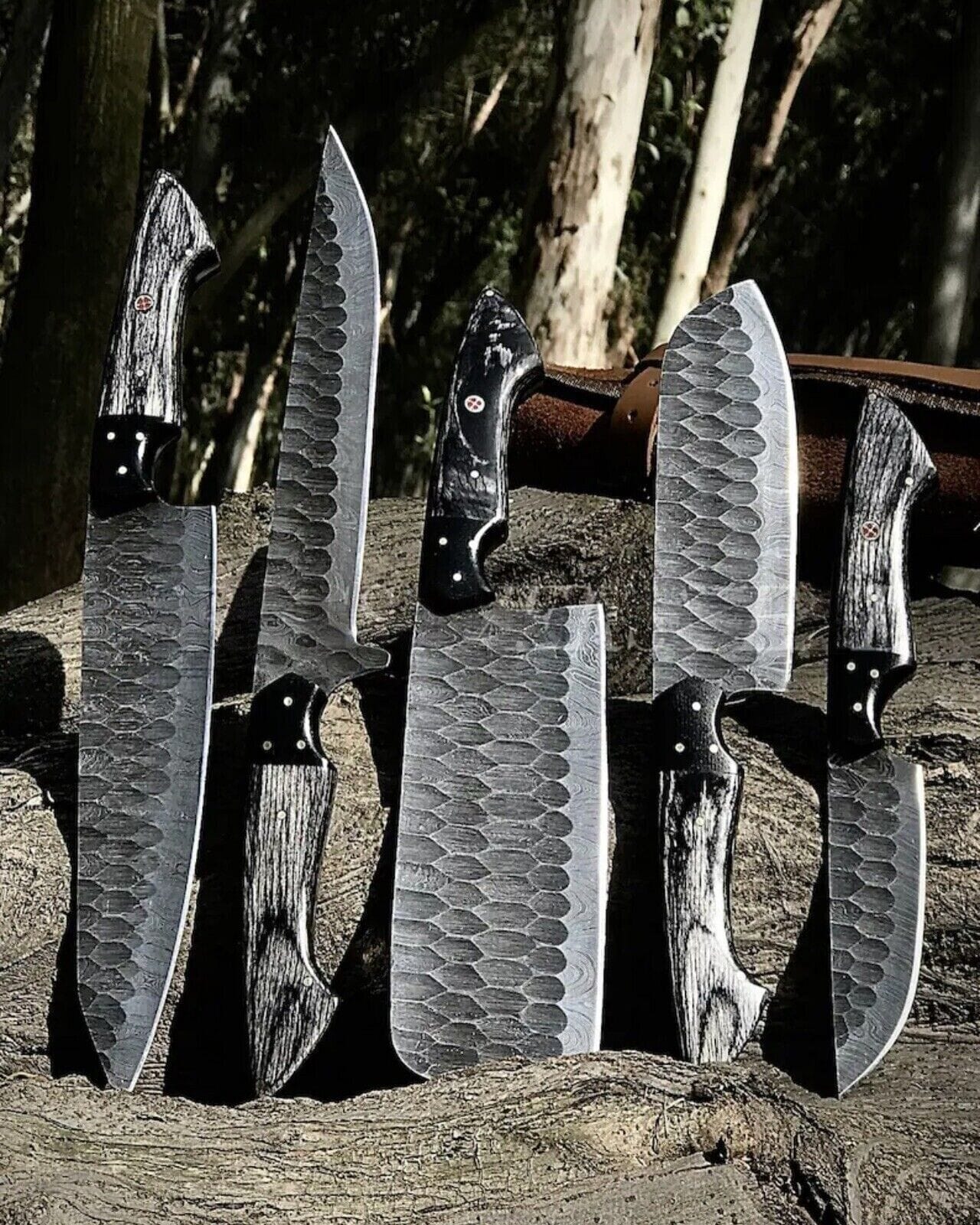 KBS Knives Store Kitchen Knives Set Custom Handmade Damascus Knife Set with Leather Roll
