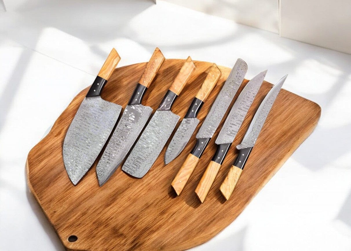 KBS Knives Store Kitchen Knives Set Custom Handmade Damascus Knife Set with Olivewood Handles