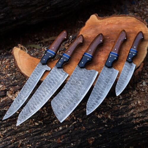 KBS Knives Store Kitchen Knives Set Custom Handmade Damascus Steel Knife Set with Rosewood