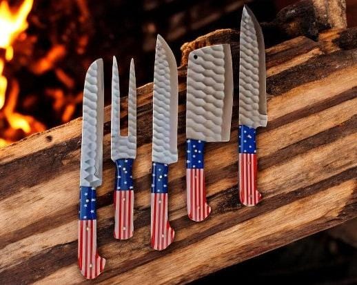 KBS Knives Store Kitchen Knives Set Custom Handmade Professional Chef Knives Set with Case – American Flag Handles