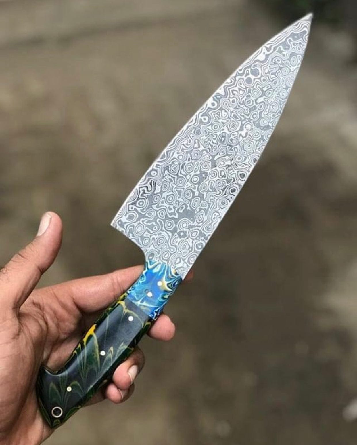 KBS Knives Store Kitchen Knives Set Custom Handmade Raindrop Damascus Chef Knife – Resin Handle, 13"