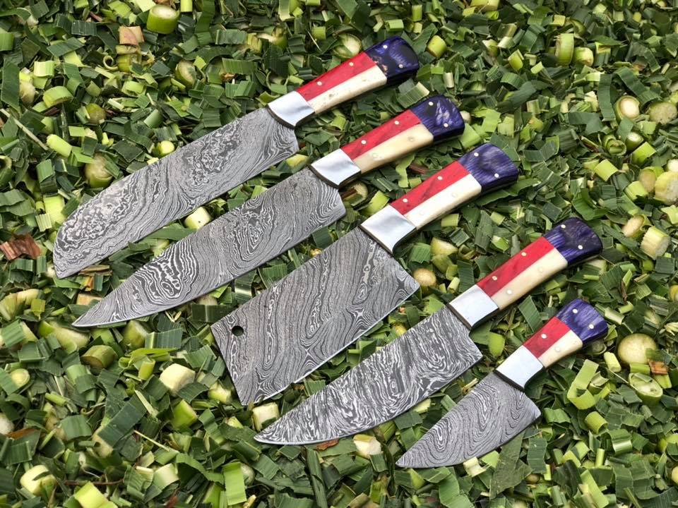 KBS Knives Store Kitchen Knives Set Exquisite Twist Damascus Steel 5-Piece Kitchen Knives Set with Bone and Exotic Color Wood Handles - Culinary Elegance in a Leather Roll
