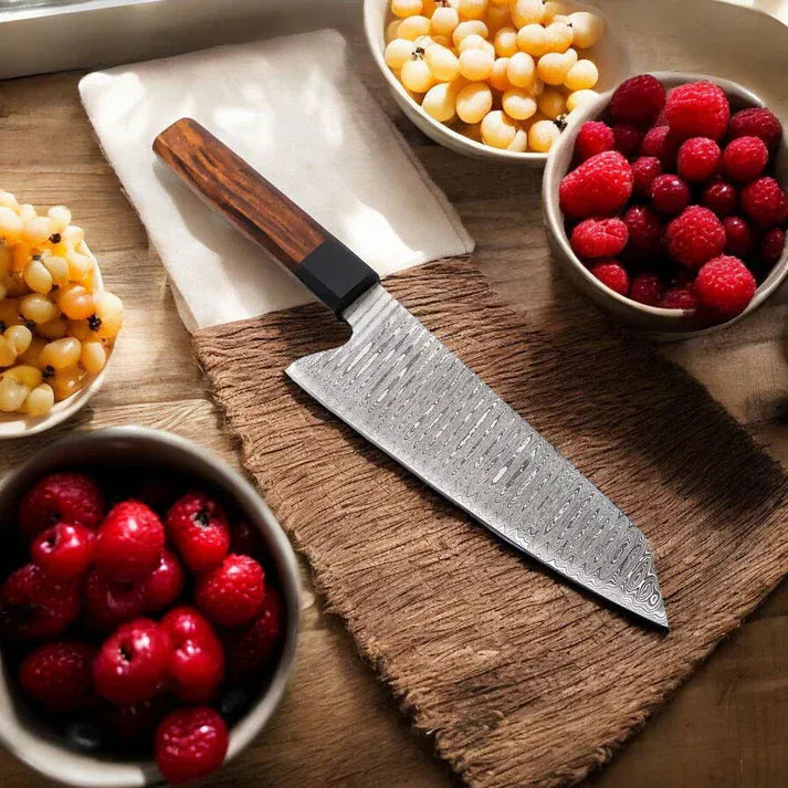 KBS Knives Store Kitchen Knives Set Handmade Damascus Santoku Knife - 7.5" Blade with Leather Sheath