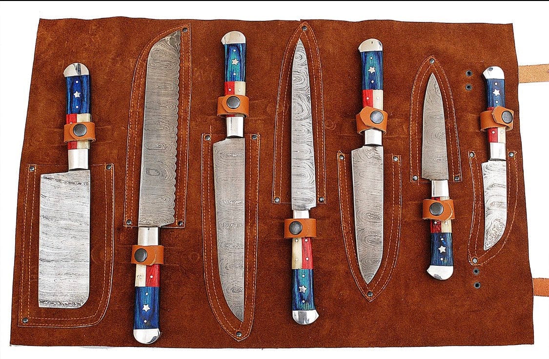 KBS Knives Store Kitchen Knives Set Lone Star Legacy: 7-Piece Kitchen Knives Set with Twist Damascus Steel Blades, Texas Flag Style Handles, Exotic Wood and Bone, and Leather Roll