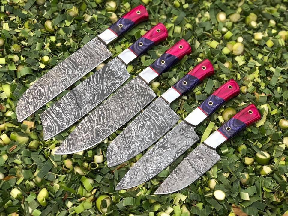 KBS Knives Store Kitchen Knives Set Luxury Collection: 6-Piece Kitchen Knives Set with Twist Damascus Steel Blades, Exotic Wood Handles, and Leather Roll