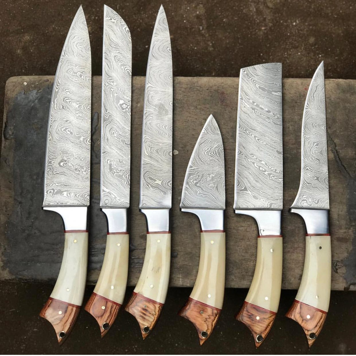 KBS Knives Store Kitchen Knives Set Sculpted Elegance: 6-Piece Kitchen Knives Set with Twist Damascus Steel Blades, Exotic Wood and Bone Handles, and Leather Roll