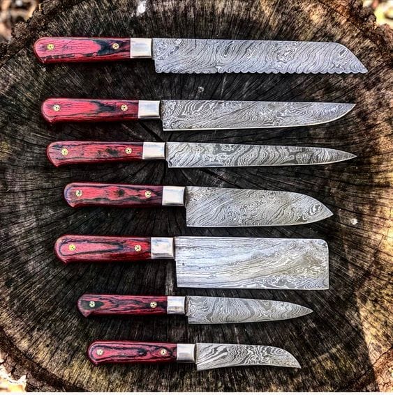 KBS Knives Store Kitchen Knives Set Sculpted Elegance: 7-Piece Kitchen Knives Set with Twist Damascus Steel Blades, Exotic Wood Handles, and Leather Roll