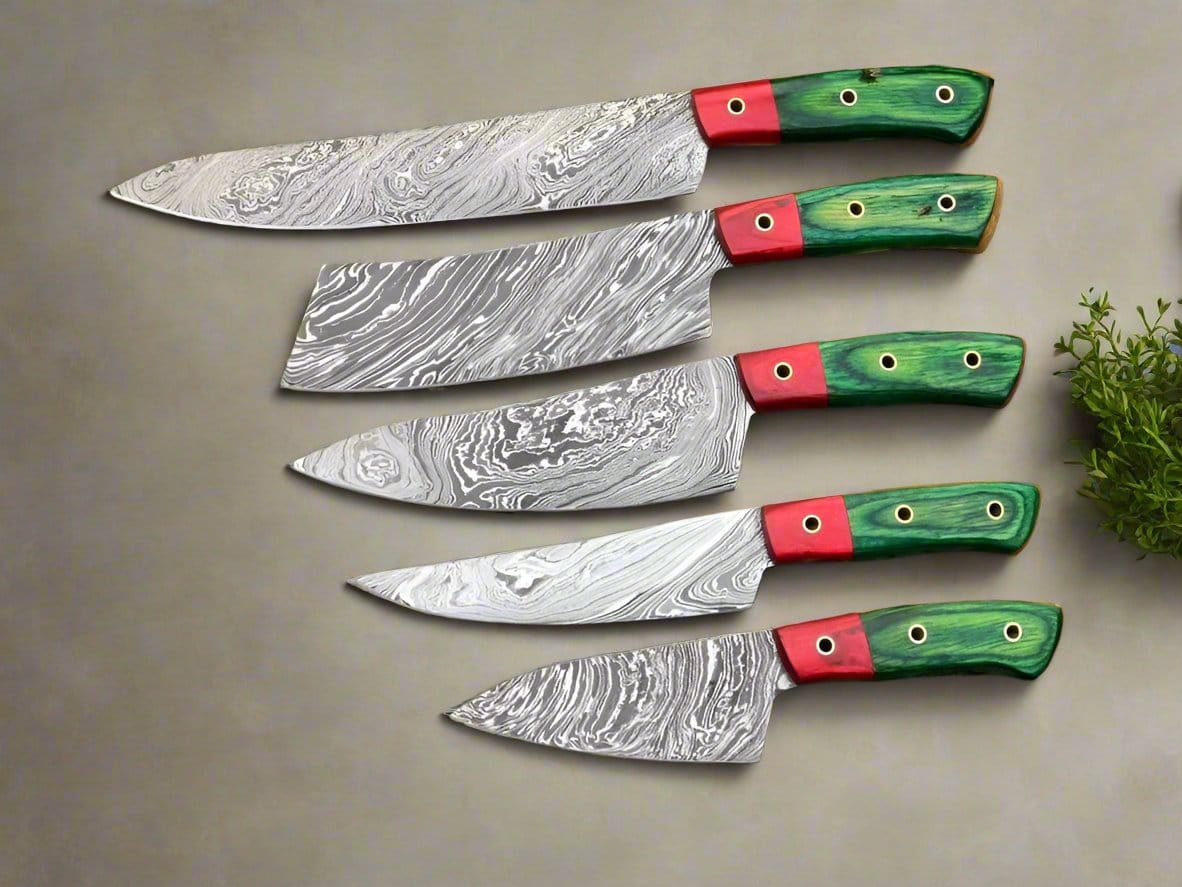 KBS Knives Store Kitchen Knives Set VerdantInferno Damascus Steel Kitchen Knife Set – 8 to 13 Inch Blades with Exotic Green & Red Wood Handles