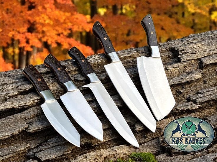 KBS Knives Store Kitchen Knives Set Wenge Elite Series – 5-Piece Stainless Knife Set with African Wenge Wood Handles & Steel Bolsters