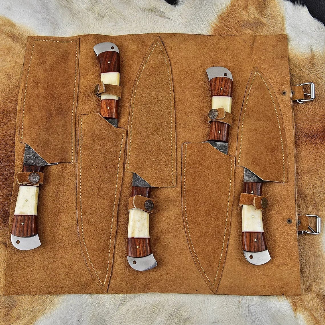 KBS Knives Store Kitchen Knives With Leather Roll Custom Handmade Damascus Cooking Knife Set - 5 Pieces