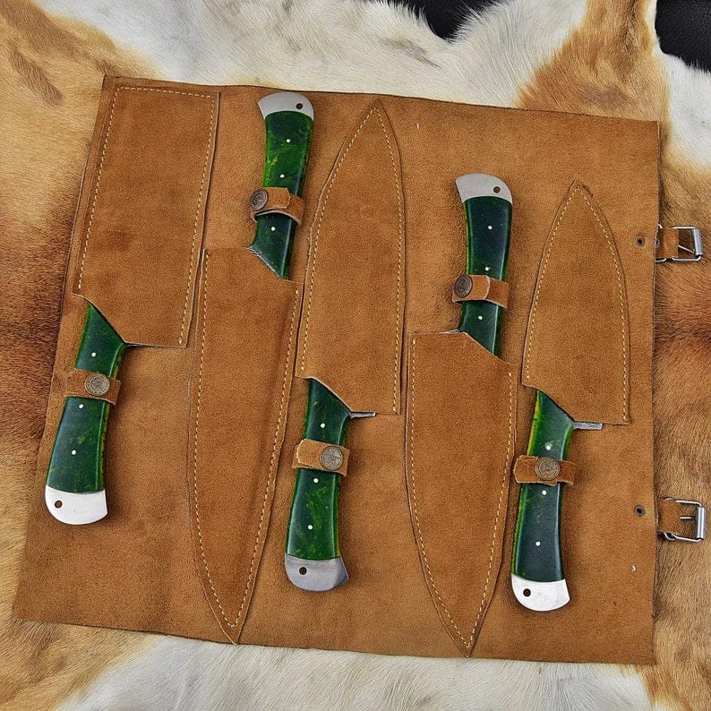 KBS Knives Store Kitchen Knives With Leather Roll Custom Handmade Damascus Knife Set Kitchen - 5 Pieces