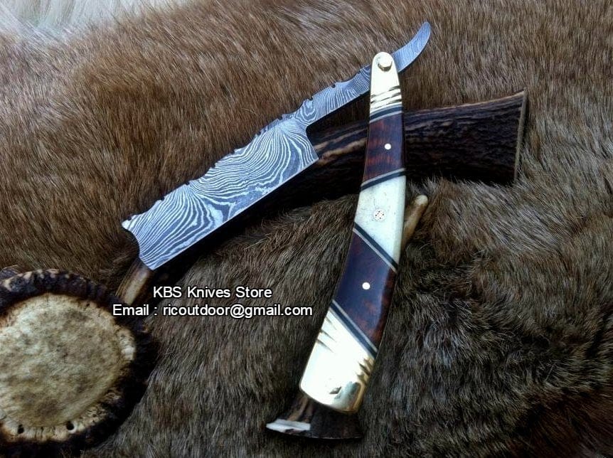 KBS Knives Store Knives Antique Straight Razor with Damascus Steel Blade and Bone, Rosewood, and Brass Bolsters Handle - Includes Leather Case - Available Exclusively at KBS Knives Store
