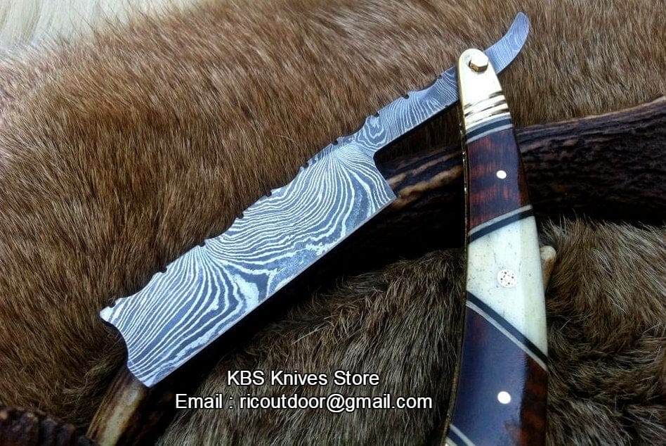 KBS Knives Store Knives Antique Straight Razor with Damascus Steel Blade and Bone, Rosewood, and Brass Bolsters Handle - Includes Leather Case - Available Exclusively at KBS Knives Store