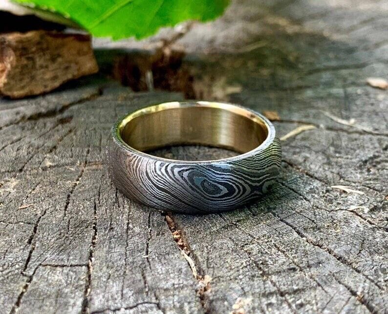 KBS Knives Store Knives Custom Damascus Steel Anniversary Ring with Brass Inlay
