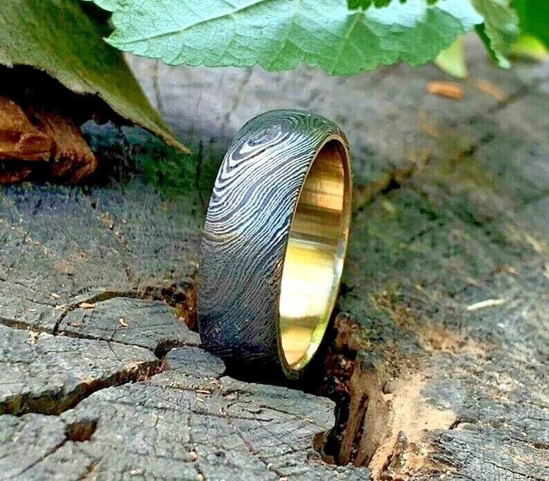 KBS Knives Store Knives Custom Damascus Steel Anniversary Ring with Brass Inlay