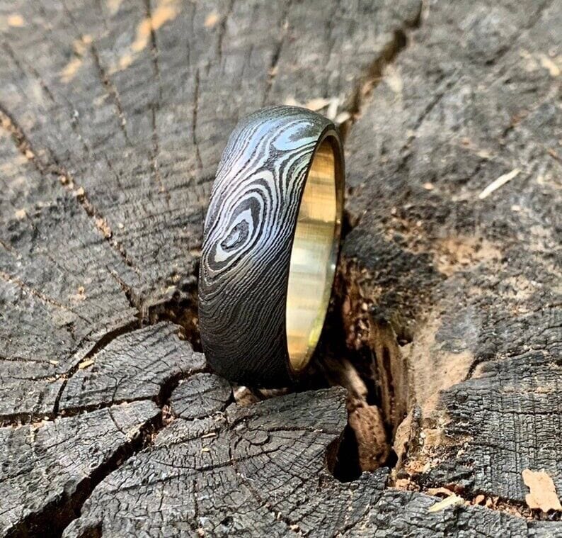 KBS Knives Store Knives Custom Damascus Steel Anniversary Ring with Brass Inlay