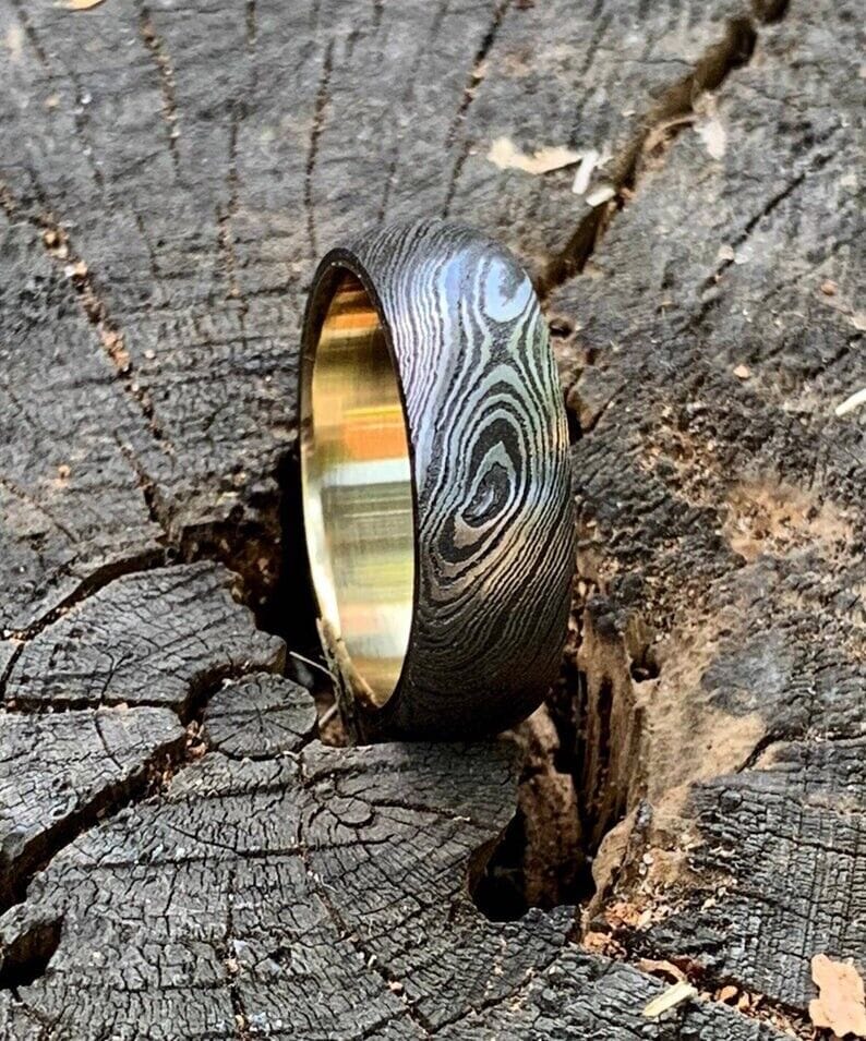 KBS Knives Store Knives Custom Damascus Steel Anniversary Ring with Brass Inlay