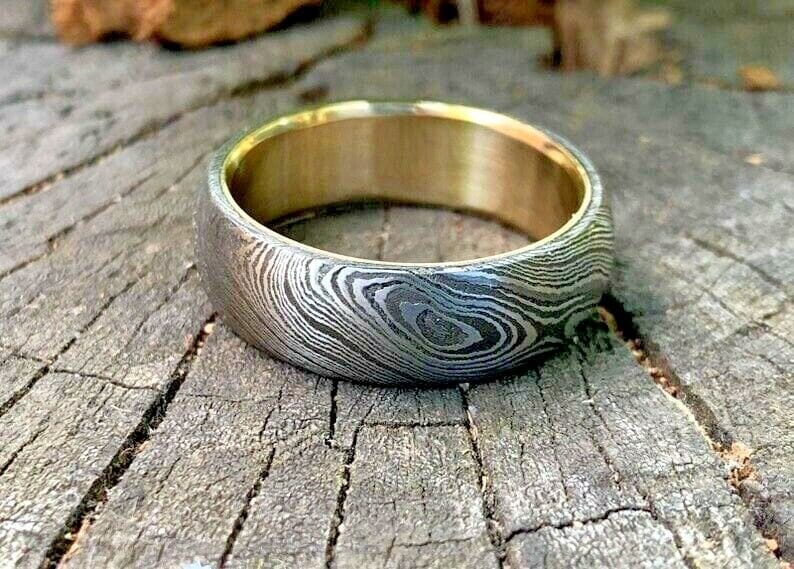 KBS Knives Store Knives Custom Damascus Steel Anniversary Ring with Brass Inlay