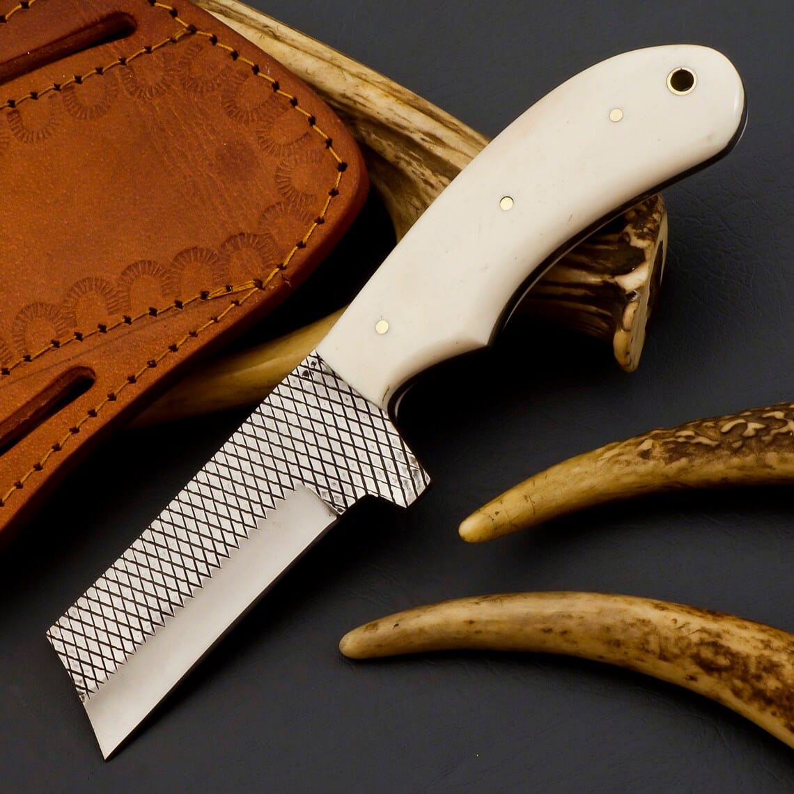 KBS Knives Store Knives Custom Handmade Cowboy Farrier Rasp Bull Cutter Knife | Bone Handle | 8 Inches | Leather Sheath | KBS Knives Store"