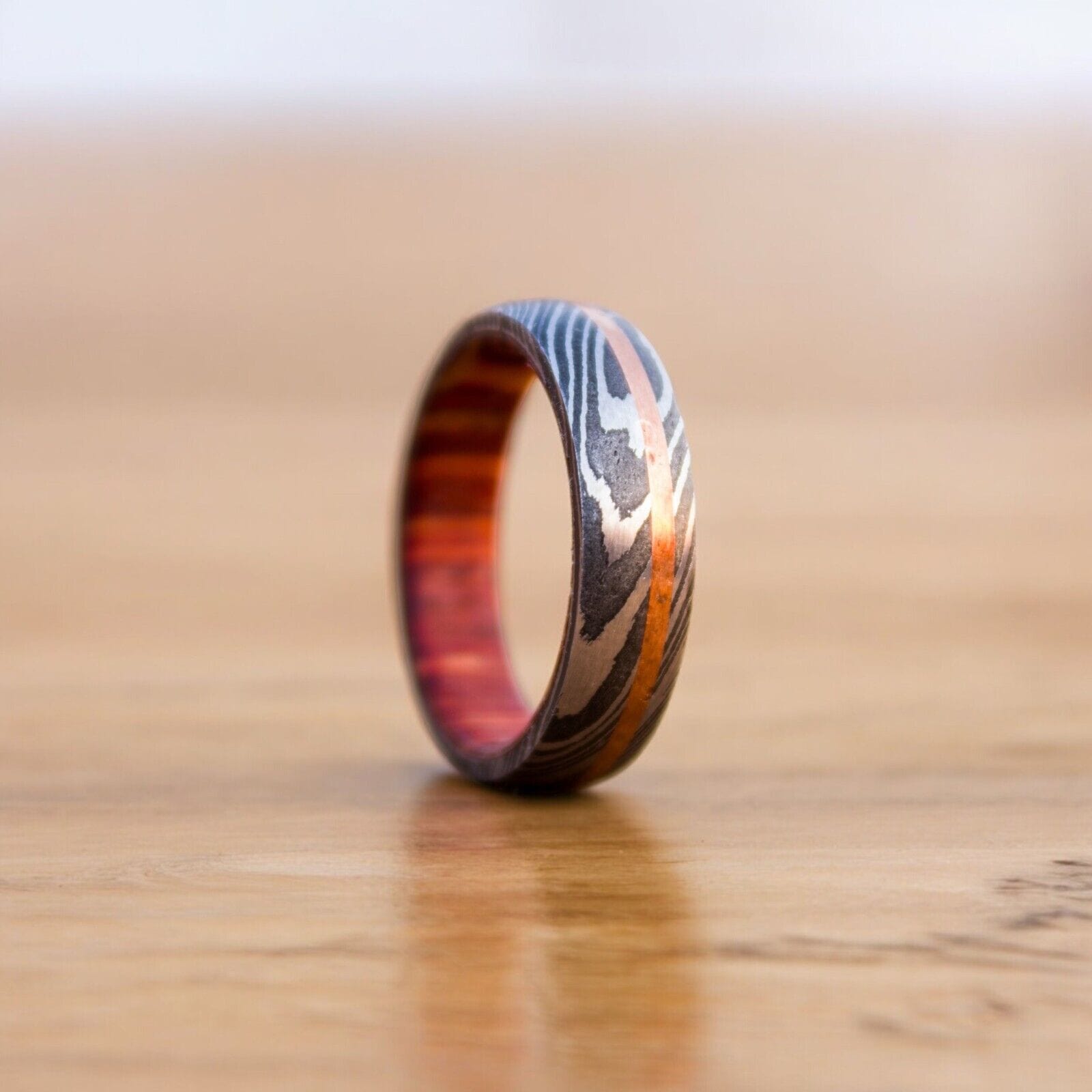 KBS Knives Store Knives Eternal Harmony Damascus Steel Unity Ceremony Ring with Brass Line and Wood Inlay by KBS Knives Store