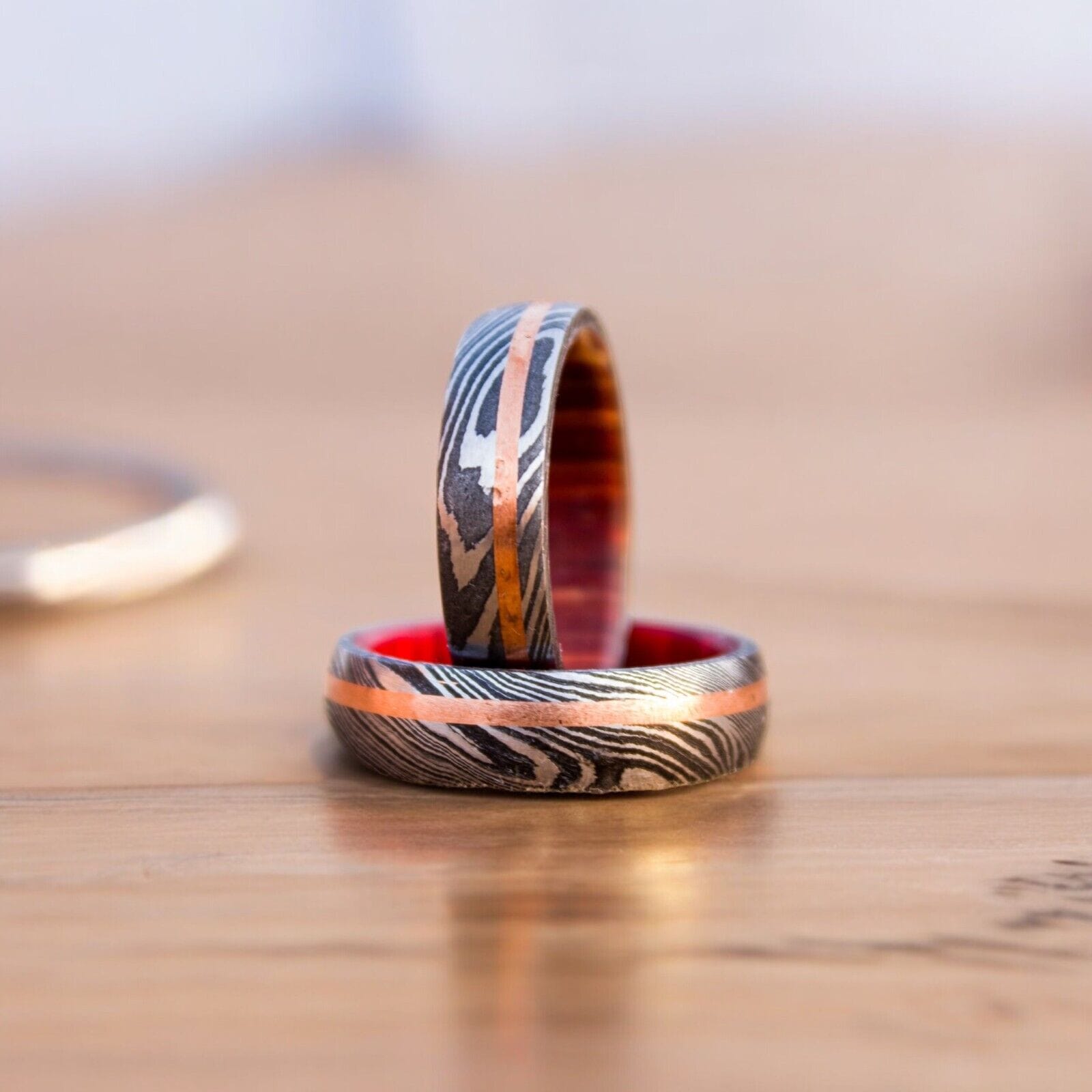 KBS Knives Store Knives Eternal Harmony Damascus Steel Unity Ceremony Ring with Brass Line and Wood Inlay by KBS Knives Store