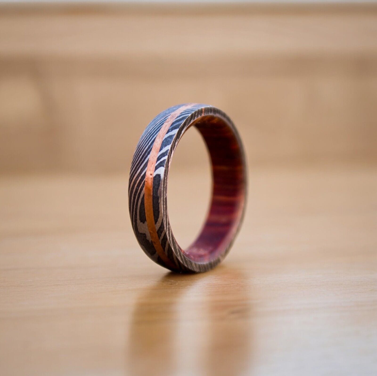KBS Knives Store Knives Eternal Harmony Damascus Steel Unity Ceremony Ring with Brass Line and Wood Inlay by KBS Knives Store
