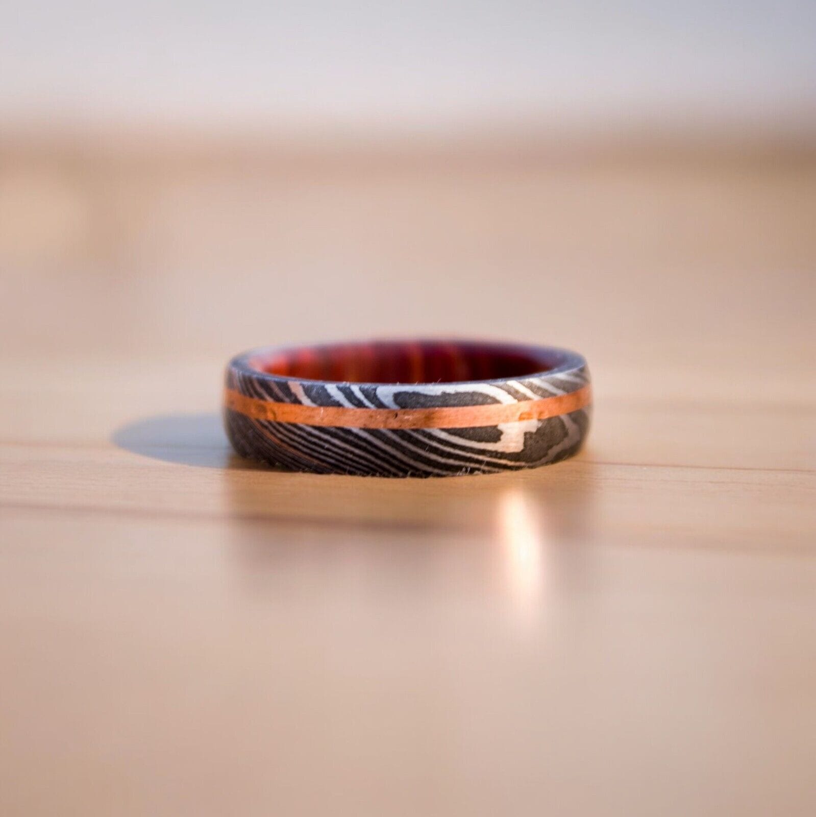 KBS Knives Store Knives Eternal Harmony Damascus Steel Unity Ceremony Ring with Brass Line and Wood Inlay by KBS Knives Store