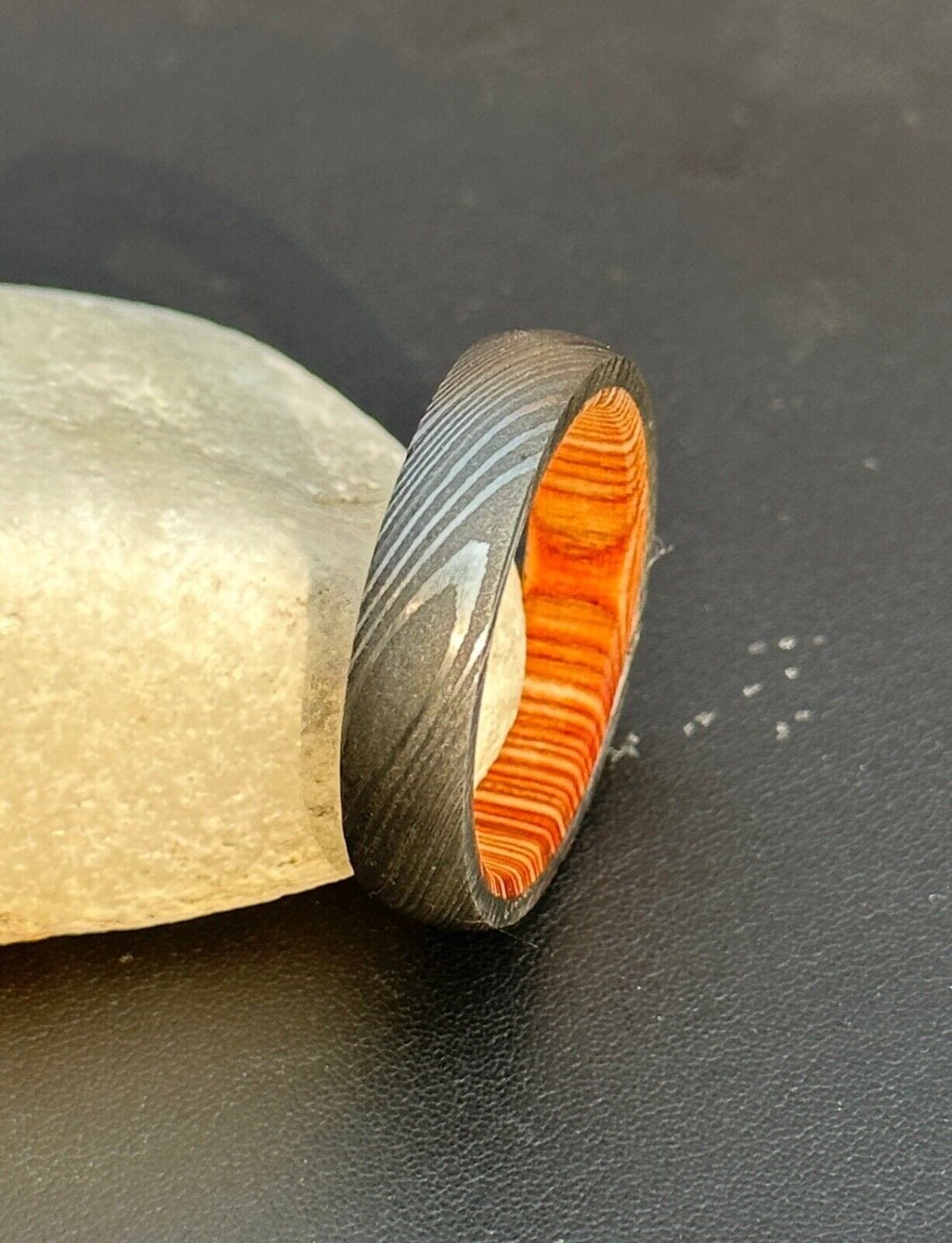 KBS Knives Store Knives Everlasting Unity Damascus Steel Eternal Commitment Ring with Wood Inlay by KBS Knives Store