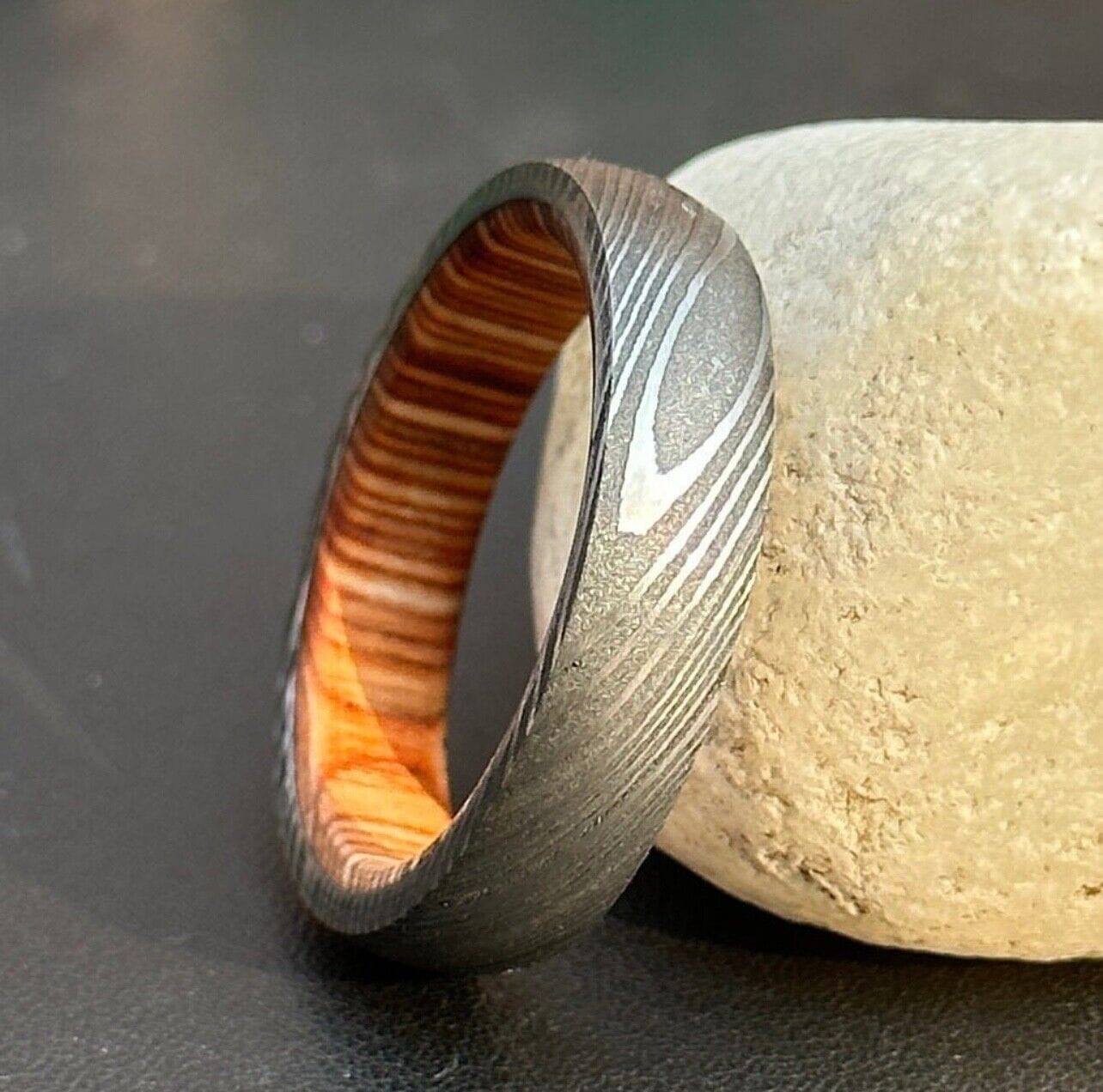 KBS Knives Store Knives Everlasting Unity Damascus Steel Eternal Commitment Ring with Wood Inlay by KBS Knives Store