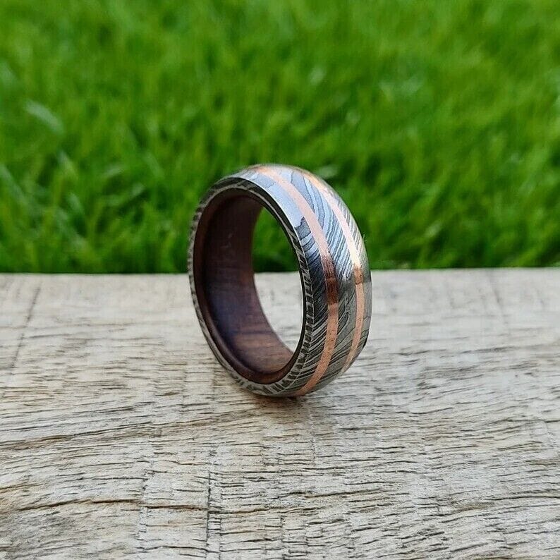 KBS Knives Store Knives Infinite Promise Damascus Steel Vow Renewal Ring with Copper Lines and RoseWood Inlay by KBS Knives Store